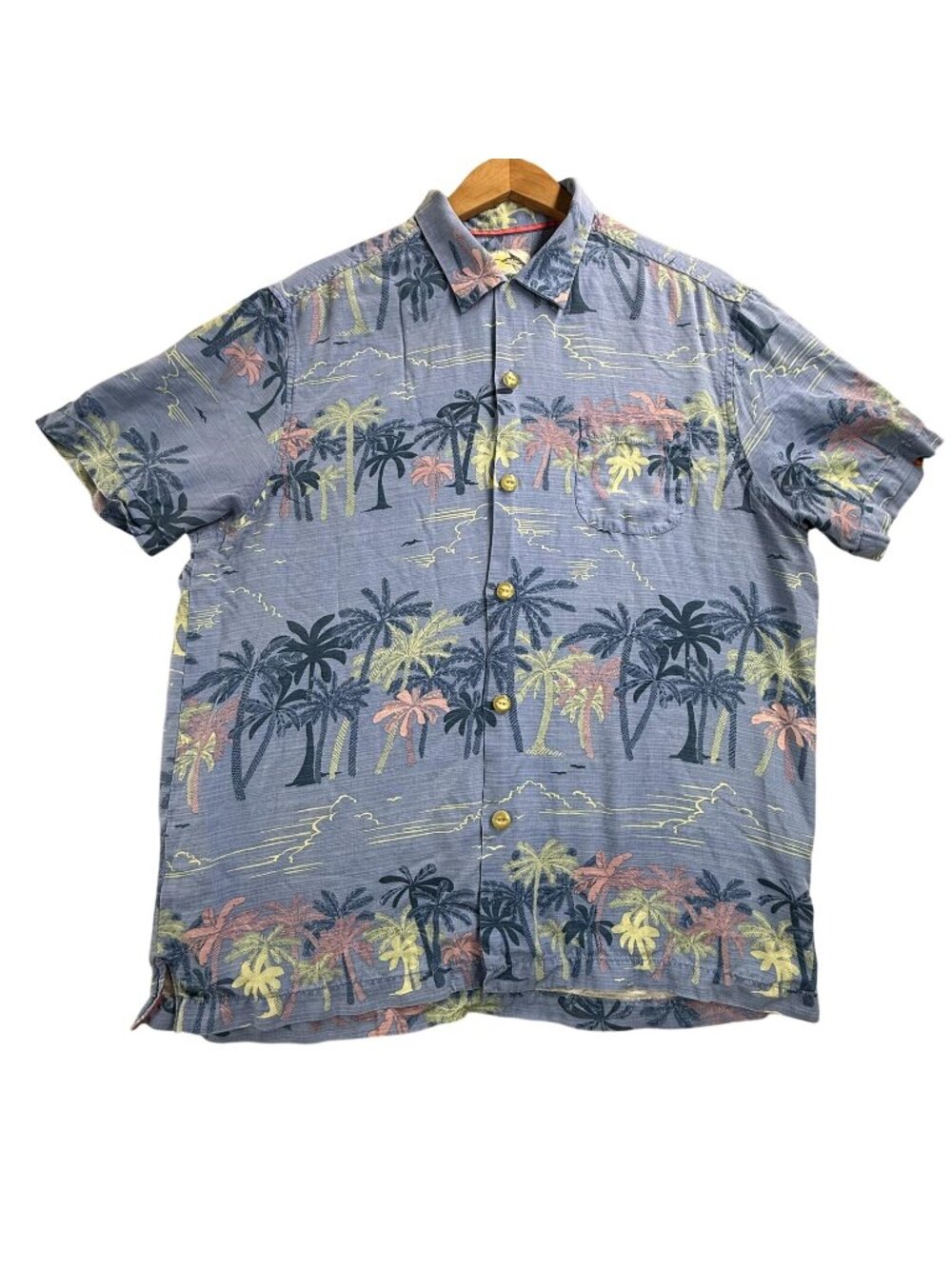 Tommy Bahama Shirt Mens Large Blue Palm Hawaiian Silk Button Up Short Sleeve aop